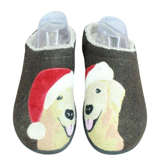 LL Bean Daybreak Scuffs Slip on Slippers Brown Retriever Santa Hat 10 M - Picture 1 of 9